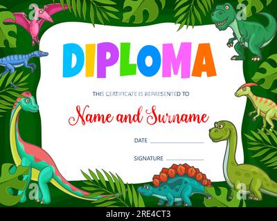 Kinderpädagogik mit Cartoon-Dinosauriern und Jurassic-Drachen, Vektor. Auszeichnung oder Abschluss mit T-rex Dino oder Tyrannosaurus, Pterodactyl und Brontosaurus-Eidechse im Dschungel Stock Vektor