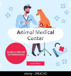 Professionelle Behandlung und Betreuung von Haustieren, tiermedizinisches Zentrum. Mann, der Hund heilte, Mann, der Geräte für Diagnose und Behandlung verwendet. Website oder Webseite Stock Vektor