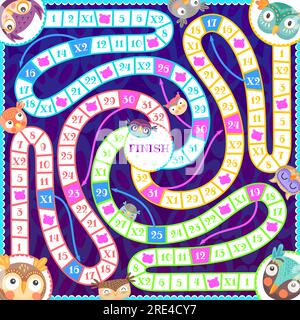 Kinder rätseln das Labyrinth von Eulen und Eulenvögeln. Vector Boardgame-Puzzle mit niedlichen Zeichentrickfiguren auf Blocknummerierung, Pfeilen, Start und Ende. Test für die Freizeit von Babys, die Aktivität von Kindern Stock Vektor