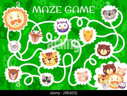 Labyrinth-Labyrinth mit niedlichen lustigen Tieren. Vektorbrettspiel für Kinder mit verwickelten Pfaden und Zeichentrickfiguren. Löwe, Hase, Tiger und Koala mit Schwein, Biber und Bär mit Eule, Fuchs oder Hirschkindern Rätsel Stock Vektor