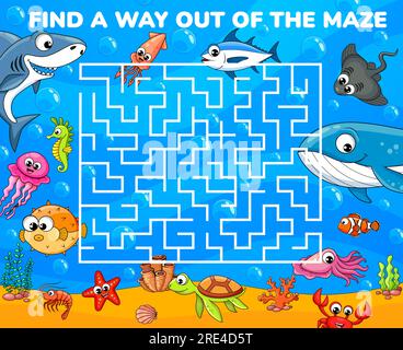 Labyrinth-Labyrinth von Cartoon-lustigen Unterwassertieren und Fischen. Vektor-Arbeitsblatt von Kindern Block-Puzzle-Spiel mit quadratischem Labyrinth, Hai, Wal, Krabbe und Tintenfisch, Garnelen, Quallen auf blauem Meereshintergrund Stock Vektor