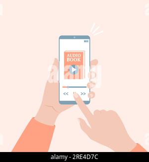 Hände halten Smartphone mit Hörbuch-App auf dem Bildschirm. Vektordarstellung in flacher Form Stock Vektor
