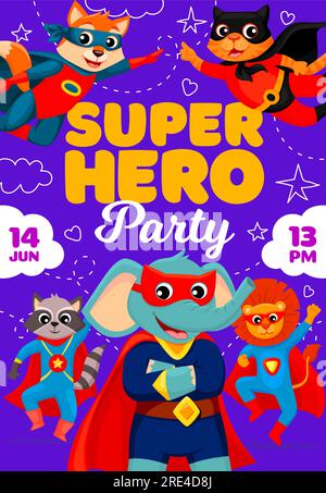 Kindersuperhelden-Party-Flyer. Cartoon-Superhelden-Tierfiguren-Vektorposter mit niedlichen Katzen, Hunden, Löwen, Waschbären und Elefanten in Superheldenmasken und Umhängen. Super Tierfiguren fliegen und tanzen Stock Vektor