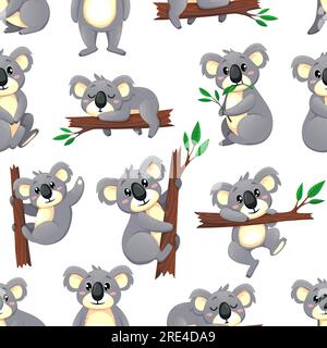 Zeichentrickfiguren mit Koalabären, nahtloser Musterhintergrund, niedliches Vektortier. Baby-Koalabär auf dem Baum isst Eukalyptusblätter, australischer fröhlicher Koalabär, fröhliches Lächeln, Kindermuster Stock Vektor