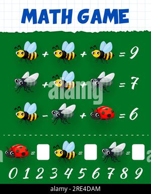 Mathe-Spiel mit Comic-Bienen, Fliegen und Marienkäfer-Insekten. Vektorarbeitsblatt mit lustigen Insekten und Insektenfiguren zählen. Pädagogisches Spiel für Kinder mit Additions- und Subtraktionsübungen Stock Vektor