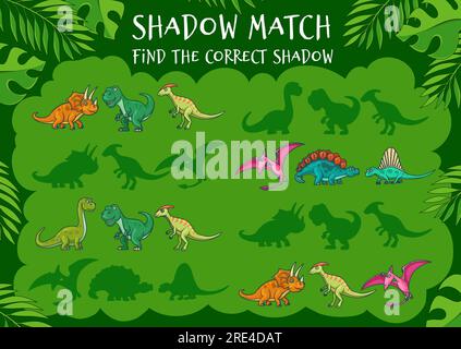 Finde den richtigen Dinosaurierschatten, Kinderspiel oder Puzzle-Tisch-Boardspiel, Vektor. Dino-Schattenspiel mit Jurassic-T-rex Tyrannosaurus, Cartoon-Drachen Brontosaurus und Pterodactyl Stock Vektor