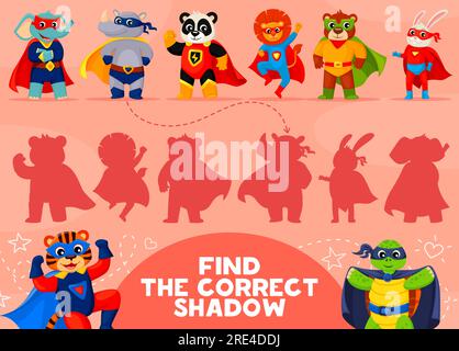 Finde den richtigen Schatten von Cartoon-Superhelden-Tierfiguren in Masken und Umhängen. Ein passendes Vektor-Spiel oder ein Puzzle-Arbeitsblatt mit Lernaktivitäten für Kinder mit Superheldenbären, Löwen und Panda Stock Vektor
