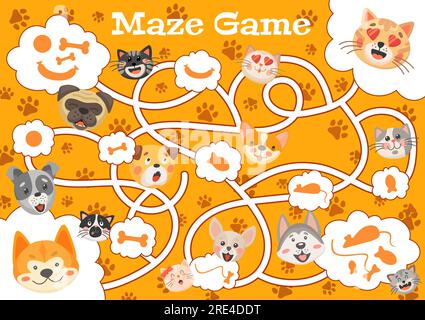 Kinder Labyrinth Labyrinth Wildhunde und Katzen, Welpen und Kätzchen. Vector Boardgame mit verwickelten Pfaden und Zeichentrickfilmen mit Haustieren, Knochen und Fischsnack. Pädagogische Kinderrätsel, Vorschularbeit Stock Vektor