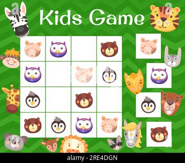 Comic-lustige Tiere, Sudoku-Spiel für Kinder oder Tischpuzzle, Vektor. Sudoku Brettspiel oder Kinderlogik Rätsel mit lustigen Zootieren und Haustieren, Zebras und Löwen, Eulen und Bären, Pferden und Waschbären Stock Vektor