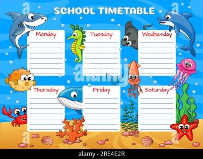 Bildungsplan mit Unterwasser-Cartoon-Meerestieren, Vektorschulkalender. Wochenplan oder Unterrichtsplaner für Kinder auf blauem Ozean mit lustigen Haien, Krabben, Walen und Tintenfischen Stock Vektor