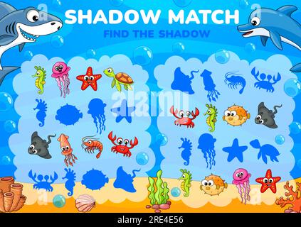 Schattenspiel-Arbeitsblatt mit lustigen Unterwassertieren und Fischen. Ein Puzzle für Vektorkinder und ein passendes Rätsel mit der Aufgabe, süße Krabben, Garnelen, Tintenfische, Meeresschildkröten und Quallen zu finden und miteinander zu verbinden Stock Vektor