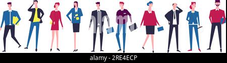 Menschen, die formelle Kleidung und stilvolle Outfits tragen, Männer und Frauen, Geschäftsleute in Anzügen und Kostümen mit Krawatten. Unternehmer und Sekretärin, Chef A Stock Vektor