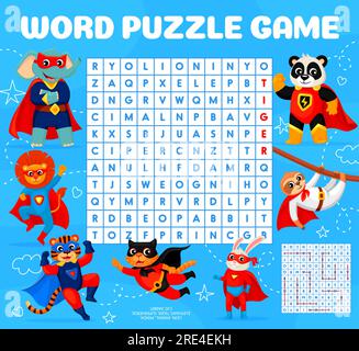Ein Puzzlespiel für die Wortsuche. Superhelden-Zeichentrickfilm Tierfiguren Vektor-Arbeitsblatt des Rätsel-Quiz oder Wortspiel suchen. Kinder puzzeln mit lustigen Katzen, Löwen, Häschen, Panda und Elefanten in Superheldenmasken und Umhängen Stock Vektor