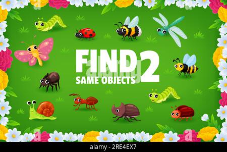 Auf der Sommerwiese findest du zwei gleiche Cartoon-Insektenfiguren. Vector-Kinder-Spiel oder Puzzle-Arbeitsblatt, passende Figuren von niedlichem Marienkäfer, Schmetterling, Ameise und Biene, Libelle, Käfer, raupe, Spinne und Schnecke Stock Vektor