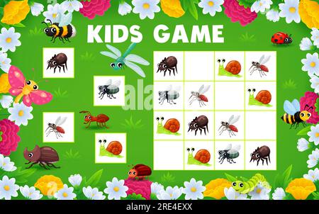 Sudoku-Kinder spielen Cartoon-Insekten-Figuren auf der Sommerwiese im Blumenrahmen. Vektorrätsel- oder Logikblockspiel-Arbeitsblatt mit lustiger Biene, Schmetterling, Marienkäfer und Ameise, Libelle, Spinne, Fliege, Mücke Stock Vektor