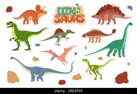 Cartoon-Dinosaurier-Figuren und Dino-Eier. Prähistorische Monstertiere, Raubtiere von Triceratops, Pterodactyl, Brontosaurus und Stegosaurus, ankylosaurus, Tyrannosaurus oder t-rex Stock Vektor