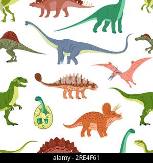 Cartoon-Dinosaurier und Dino-Ei-Muster. Süße prähistorische Tierfiguren im Vektorhintergrund. Fröhliche Triceratops, Stegosaurus, Tyrannosaurus oder t-rex, Pterodactyl und ankylosaurus Hintergrund Stock Vektor