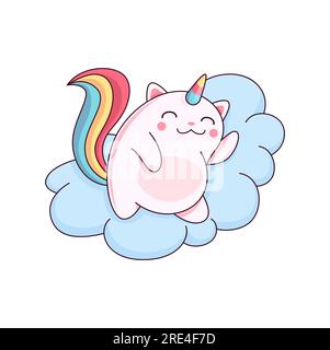 Cartoon niedliche Caticorn-Figur, die auf Wolken schläft. Vektorrosa Einhorn-Katze, magische Kawaii-Katze mit farbenfrohem Regenbogenschwanz und Horn, um süße Träume zu erleben. Komisches Märchen, das Kätzchen schläft am Himmel Stock Vektor