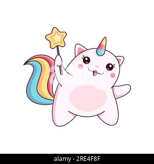 Cartoon-Caticorn-Figur mit Sternstab. Süße, pinkfarbene Einhorn-Vektorkatze mit bunten Schwänzen und Horn, die magische Zauber erzeugen. Lustige Kätzchen-Zauberin, kawaii-mädchenhafte Kätzchen-Märchen-Persönlichkeitsbeschwörung Stock Vektor
