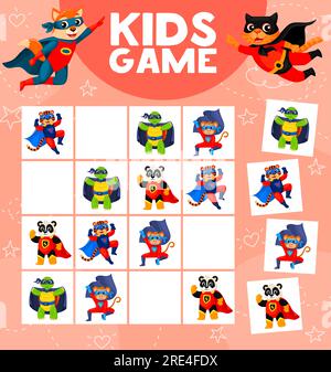 Sudoku-Rätsel. Cartoon-Superhelden Tierfiguren Vektor-Arbeitsblatt von Kindern Blockieren Puzzle oder Quiz. Lernspaß für Kinder mit fliegenden Superhelden, Katze und Hund, süßem Tiger, Panda und Affen Stock Vektor