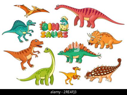 Cartoon-Dinosaurier-Figuren. Isolierte Vektorspinosaurus, pteranodon, Isansaurus und Triceratops, Ceratosaurus, ankylosaurus oder oviraptor, brontosaurus und Stegosaurus lustige bunte Dino-Persönlichkeiten Stock Vektor