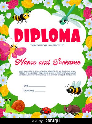 Diplom für Kinder, Zeichentrickinsekten-Figuren auf Sommerweide oder Prämiengutvorlage. Kindergarten- oder Vorschulabschluss mit Schmetterling, Biene, Marienkäfer und Libelle, Käfer und Schnecke Stock Vektor