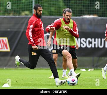 Bramberg Am Wildkogel, Österreich. 24. Juli 2023. Fußball: 1. Bundesliga, 1. FC Union Berlin, Trainingslager in Bramberg am Wildkogel in Smaragdarena Bramberg, Aissa Laidouni (l-r), Christopher Trimmel, Danilho Doekhi und Morten Thorsby in Aktion. Kredit: Matthias Koch/dpa/Alamy Live News Stockfoto