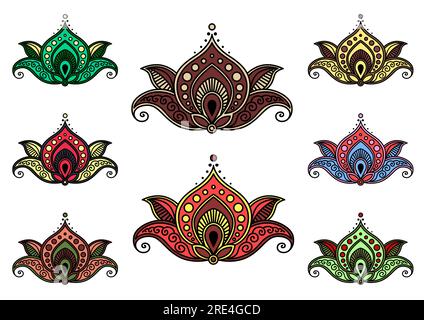 Paisleyblüten mit Vektorblütenmuster. Indische ethnische Ornamente mit verzierten Blättern, arabischen Blüten und arabischen Spitzenmotiven, braune, grüne, gelbe und rote Blütenblätter mit Wirbeln und Locken Stock Vektor