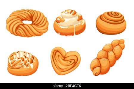 Isoliertes Zimtrollen-Brötchen und Herausforderer, süßes Gebäck-Vektordesign. Cartoon-Teig, herzförmige Brötchen und geflochtenes Brot, garniert mit Zuckerzusatz, Zimt und Sesamsamen, Backwarenmenü Stock Vektor