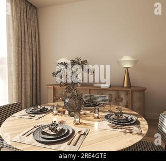 Beigefarbene Wand im modernen Innenraum. Wohnzimmer aus neutralem Holz mit getrockneten Blumen, Kommode, Lampe und Inneneinrichtung. 3D-Rendering. Hoch Stockfoto