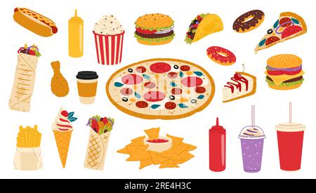 Fastfood zum Mitnehmen. Flacher Hot Dog, Popcorn und Hamburger, mexikanischer Taco, Burrito und Nachos, Pizza, Kuchen und Donuts, Kaffee, Limonade. Isolierter Vektor Street Food Restaurant Mahlzeiten, Getränke und Desserts Stock Vektor