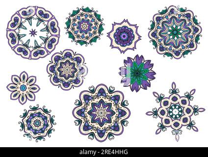 Mandala-Blumendekorationen mit Vektorpaisleymuster indischer und arabischer ethnischer Blumen. Runde Spitzenverzierungen mit grünen und violetten geometrischen und persischen Stammesmotiven, arabischen Locken und Blättern Stock Vektor