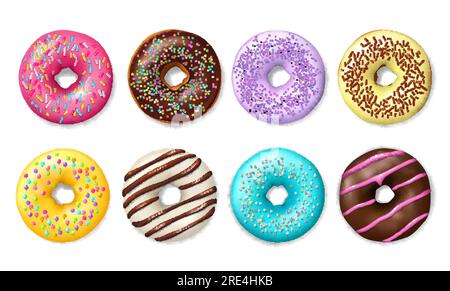 Realistisches Donut-Kuchensymbol. Donut-Desserts mit Schokoladencreme und Streuseln. Backwaren, süßes Gebäck, Café-Süßwaren und bunte glasierte Donuts, 3D Vektor-Donuts mit Zuckerguss Stock Vektor