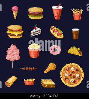 8 Bit Pixel Art Fast Food und Drinks Vektorsymbole des Retro-Videospielsets. Gepixelte Pizza, Burger und Sandwich, Hamburger, Kaffee, Hot Dog, Hühnerschenkel und Kuchen, Taco, Donut, Pommes Frites, Limonade oder Eis Stock Vektor
