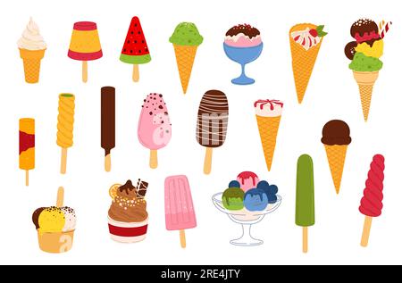 Eiscreme-Dessert, Vektorfutter. Sommereis Waffel Cones mit Schokolade und Vanille Schaufeln, Erdbeereis in Glas und Pappbechern, gefrorenes Fruchtsorbet, Milch-Joghurtstangen und Fruchteis lolly Stock Vektor