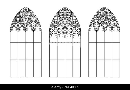 Gläserne Kirchenfenster. Drei katholische Silhouettenrahmen. Stock Vektor