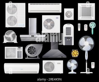 Klimaanlagen, Lüfter und Dunstabzugshauben Vektorsymbole Satz von Klimatisierungs-, Heim- und Industrielüftungssystemen. Klimaregelung, Lüftungsschacht, Wand- und Bodenventilatoren mit Fernbedienung Stock Vektor