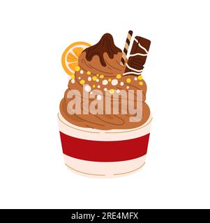 Eiscreme-Dessert in einer Papierschüssel, garniert mit Schokoladenspieß und Zitronenscheibe. Erfrischendes Sommerdessert, Eiscreme-Fastfood-Snack, süßes Essen Stock Vektor