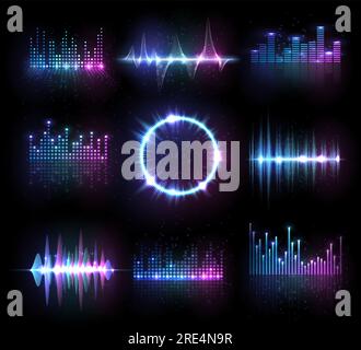 Musik-Equalizer, isolierte Vektoraudio- oder Radiowellen, Schallfrequenzlinien und Kreis. Signalform des digitalen Players, hud-Technologie für Tune Bar, Signal des Soundwave Recorders. Song Studio Pulse Set Stock Vektor