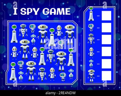 Ich sehe Kinder mit Cartoon-Robotern und Droiden spielen. Puzzle zur Vektorausbildung, Logiklabyrinth und Aufmerksamkeitstest mit der Aufgabe „Finde und zähle Roboter“, modernen Androiden, Cyborgs und Bots auf Leiterplattenhintergrund Stock Vektor