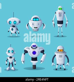 Roboter-Zeichentrickfiguren von Vektoren für Zukunftstechnologie und naturwissenschaftliches Design. Maschinen mit künstlicher Intelligenz, Cyborgs oder Androiden, humanoide Roboter mit weißen Metallkörperteilen, Knöpfen und niedlichen Gesichtern Stock Vektor