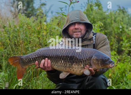 Ein Karpfenfischer hält seinen Fang mit einem gewöhnlichen Karpfen, mit einem Lächeln im Gesicht. Stockfoto