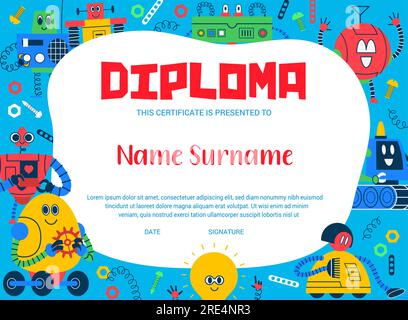 Kinderdiplom. Zertifikat für komische Roboter und Droiden auf Vektorhintergrund mit klassischen Roboterspielzeug- und Weltraumcharakteren. Süße humanoide Cyborgs, Metallandroiden und Bots Diplom Award Stock Vektor