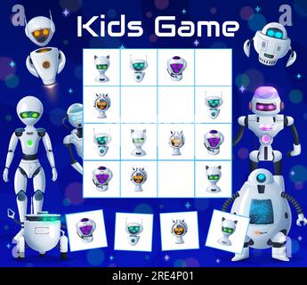 Cartoon-Roboter und Androiden Sudoku-Kinderspiel. Vektorlabyrinth, Rätsel mit humanoiden Cyborgs-Figuren auf einem karierten Brett. Logikrätsel für Kinder zur Freizeitgestaltung, Spiel mit Karten auf dem Spielfeld Stock Vektor