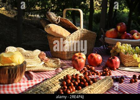 Ein Picknick in der Sonne mit Brot, Äpfeln, Jujube und Baiser. Stockfoto