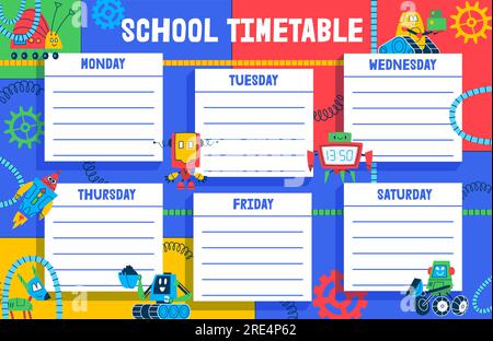 Zeitplan, Zeichentrickroboter und Droiden Wochenkalender von Schulunterricht. Vektorplan der Schülerausbildung mit niedlichen Roboterspielzeugen und Weltraum-Monster-Maschinen. Lektionsplaner für farbigen Hintergrund Stock Vektor