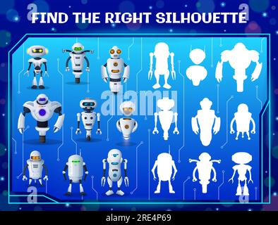 Finde das richtige Roboter-Silhouetten-Labyrinth für Kinder. Ein Schatten-Match-Vektorrätsel mit Cartoon-ai-Cyborgs. Logiktests mit Androiden und künstlichen Intelligenz-Bots. Aufgabe der kindlichen Gedankenentwicklung Stock Vektor