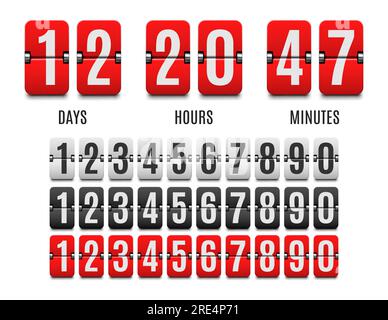 Den Countdown-Taktzähler, das Countdown-Flipboard, den Zeitmesser umdrehen. Vektor-Timer mit Tagen, Stunden und Minuten, isolierte Zahlen von 1 bis 0. Platine mit Datum und Uhrzeit für den Beginn der Veranstaltung Stock Vektor