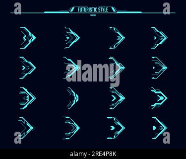 HUD-Pfeile und futuristische Navigationszeiger, Vektor-ui oder gui-Oberfläche. SCI Fi Head-up-Display-Elemente des Spiels, Neonpfeile für Cursor, Rechtsbewegung, Richtungszeiger und „Weiter“-Tastendesign Stock Vektor