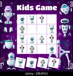 Kinder-Sudoku-Spiel mit Cartoon-Robotern und Droiden. Vektorrätsel mit ai-Cyborgs, Humanoiden und Androiden-Figuren auf einem karierten Brett. Logiklabyrinth für Kinder, Puzzle zur Erholung, Spielbrett mit Karten Stock Vektor